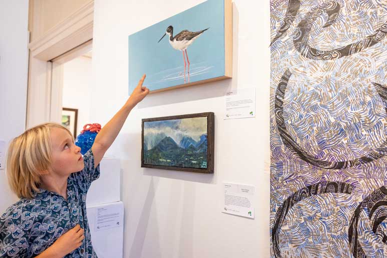 Boy viewing painting of a sea bird